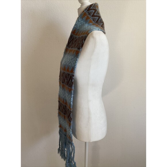 Andes Gifts Scarf Blue & Brown Alpaca Blend Wrap w Twisted Fringe Peru 56" x 6" - Picture 2 of 6
